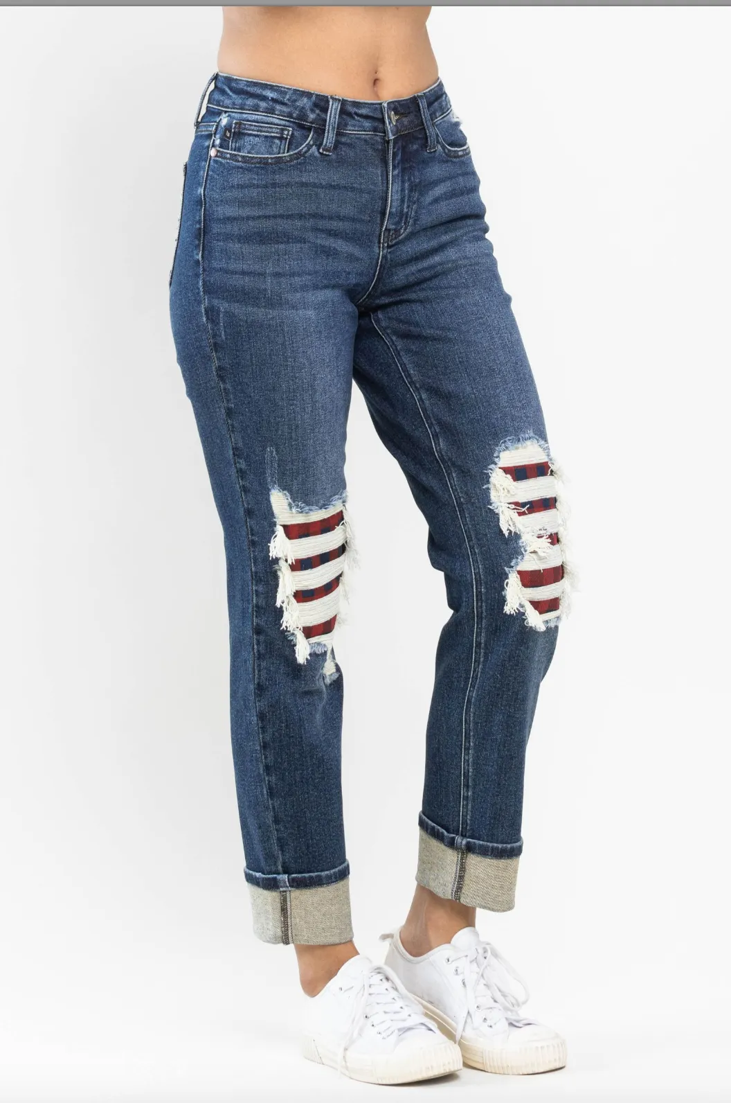 Judy Blue Buffalo Plaid Destroyed Knee Boyfriend Jeans