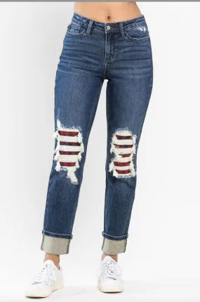 Judy Blue Buffalo Plaid Destroyed Knee Boyfriend Jeans