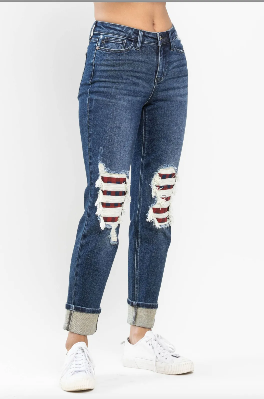 Judy Blue Buffalo Plaid Destroyed Knee Boyfriend Jeans