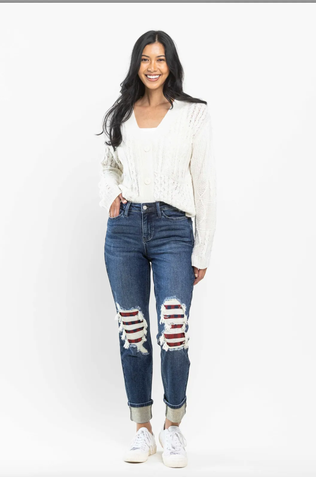 Judy Blue Buffalo Plaid Destroyed Knee Boyfriend Jeans