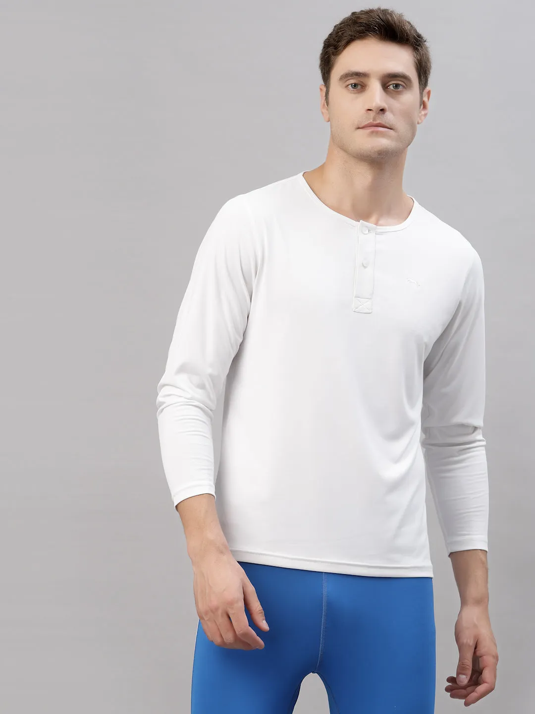 JUMP USA Men White Henley Neck Long Sleeves T-Shirt