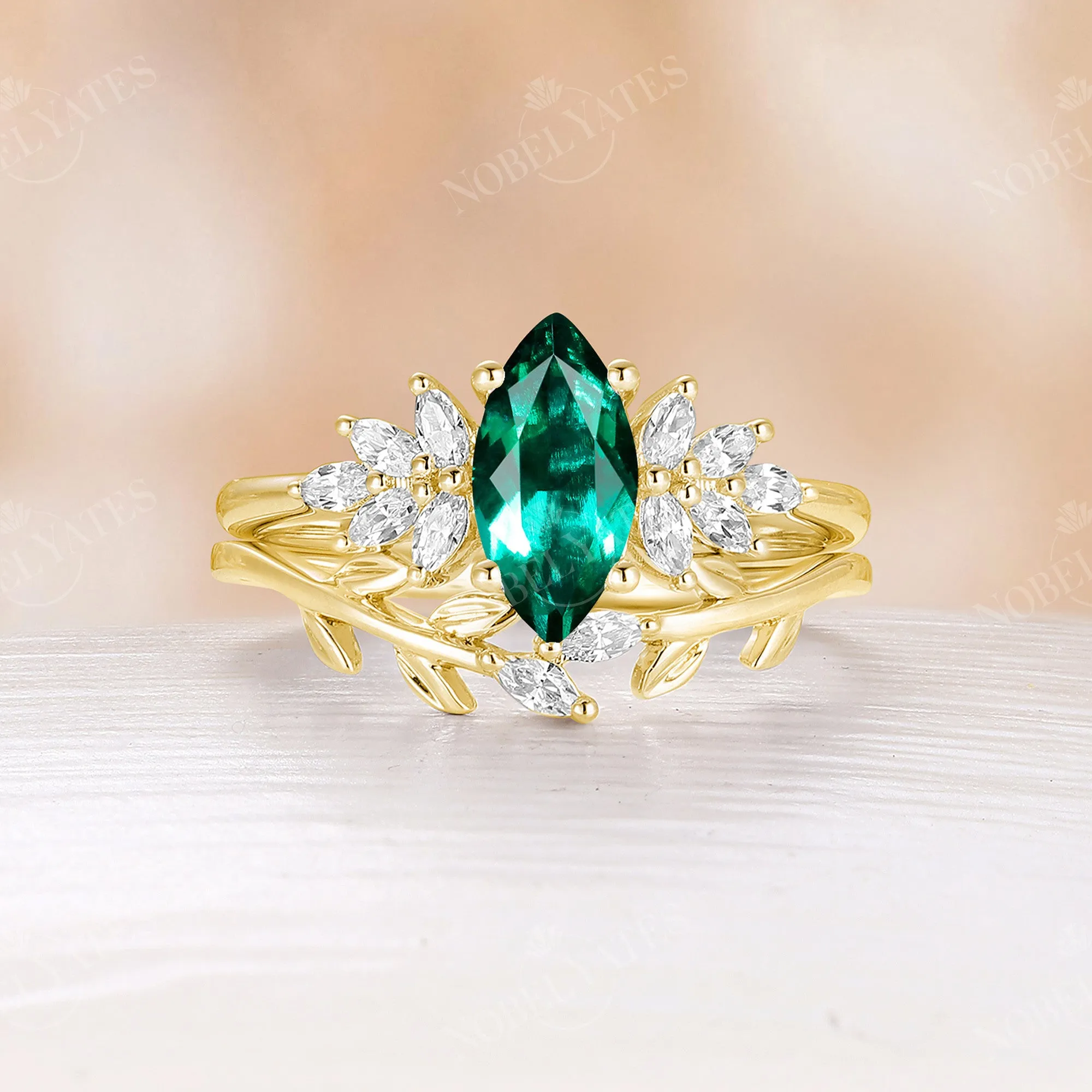 Lab Emerald Marquise Cut Engagement Ring Set Leaf Design Wedding Band