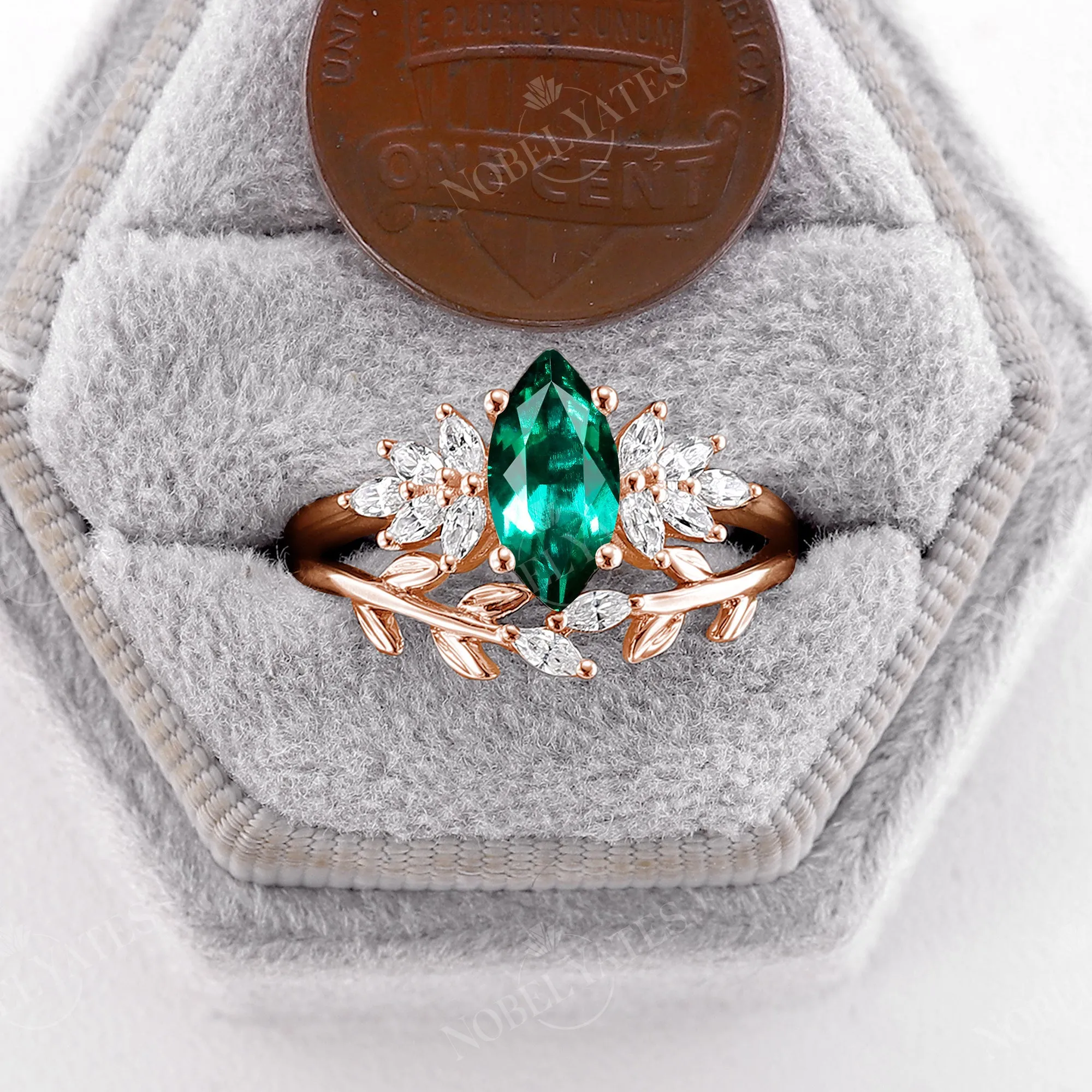 Lab Emerald Marquise Cut Engagement Ring Set Leaf Design Wedding Band