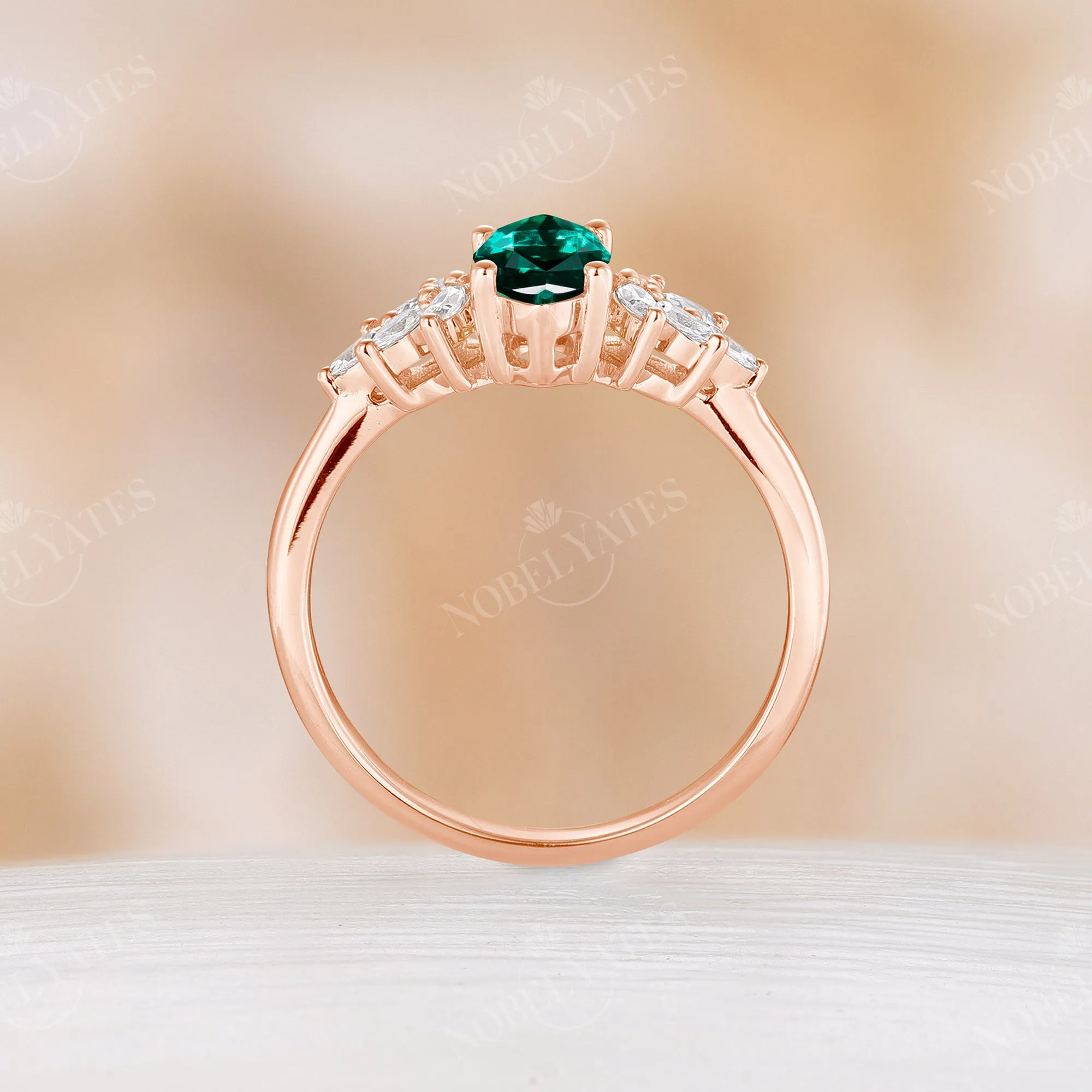 Lab Emerald Marquise Cut Engagement Ring Set Leaf Design Wedding Band