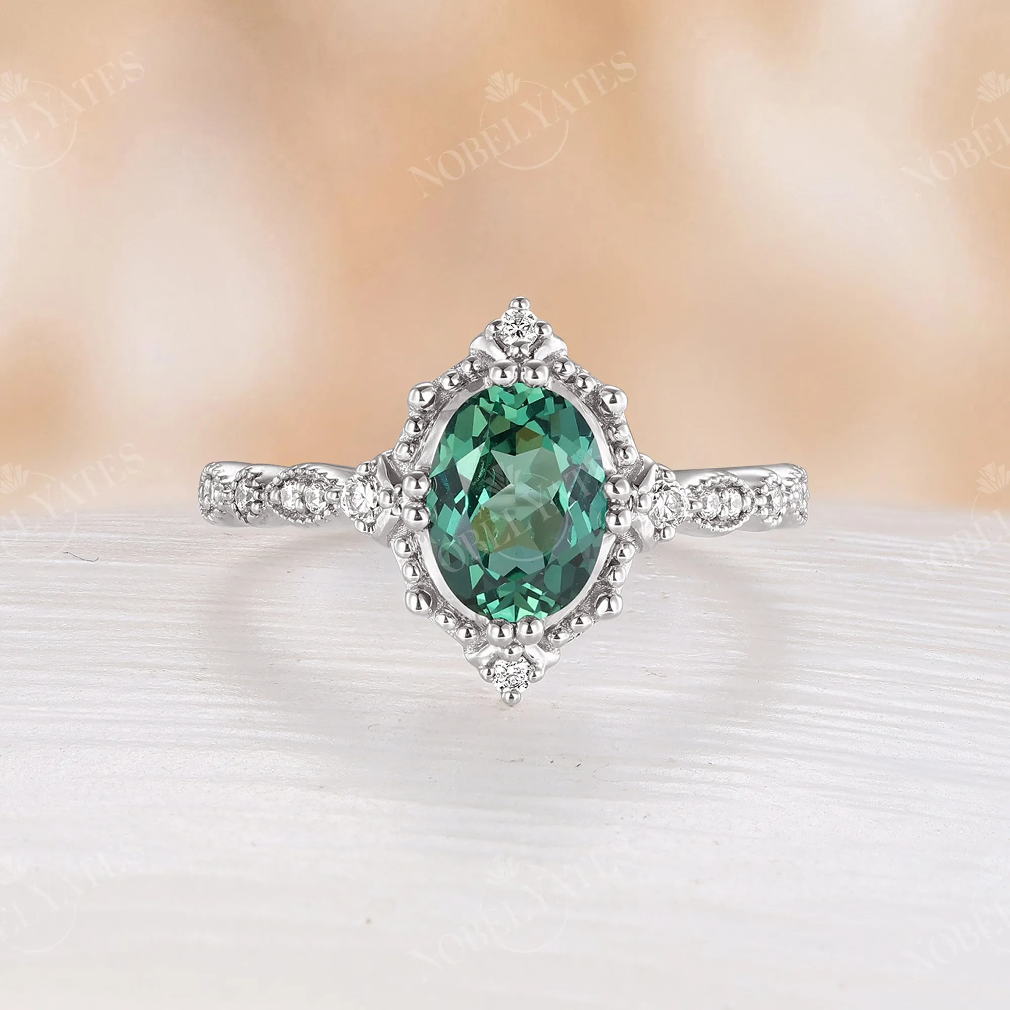 Lab Green Sapphire Oval Cut Milgrain Halo Vintage Engagement Ring