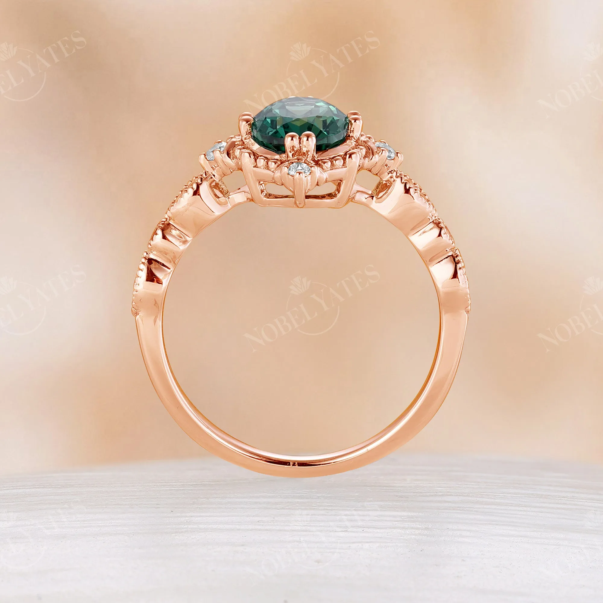 Lab Green Sapphire Oval Cut Milgrain Halo Vintage Engagement Ring