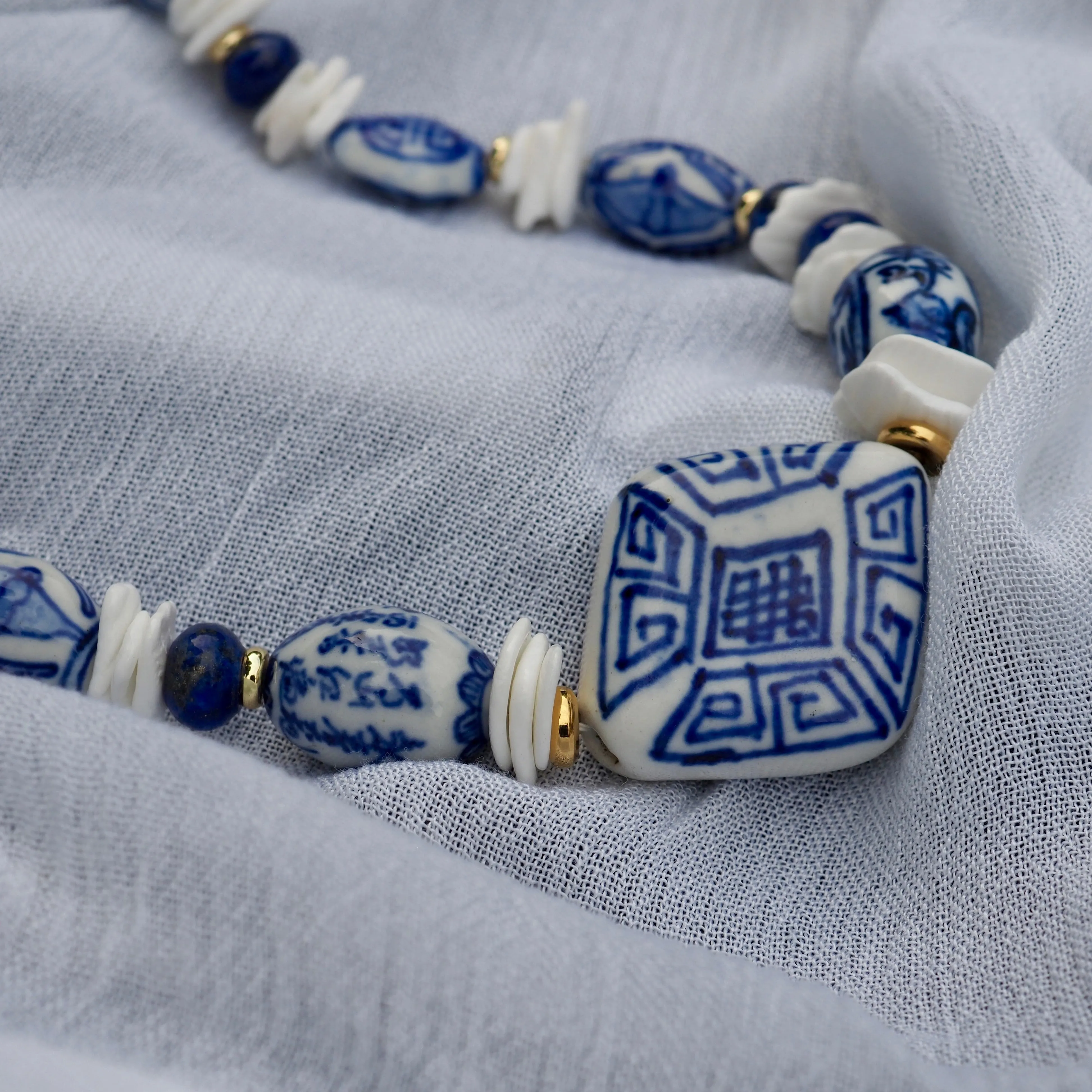 LIZZIE BLUE + WHITE BEADED NECKLACE