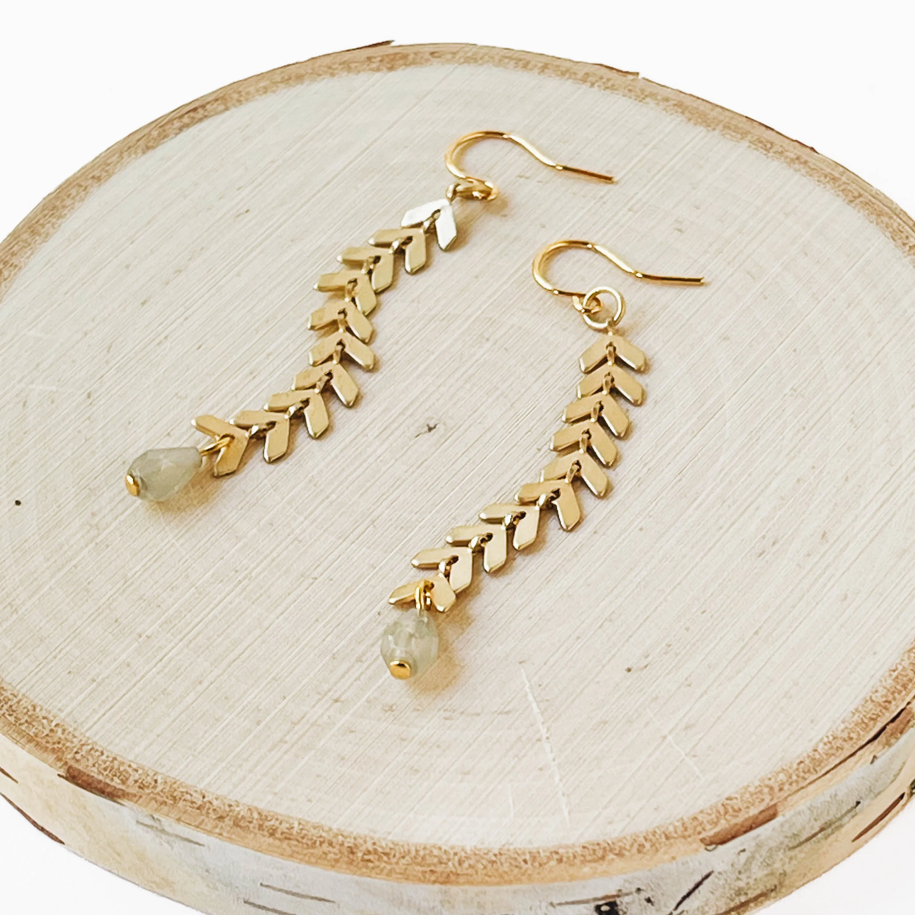 Long Gold Chevron and Pale Grey Bead Earrings - WS