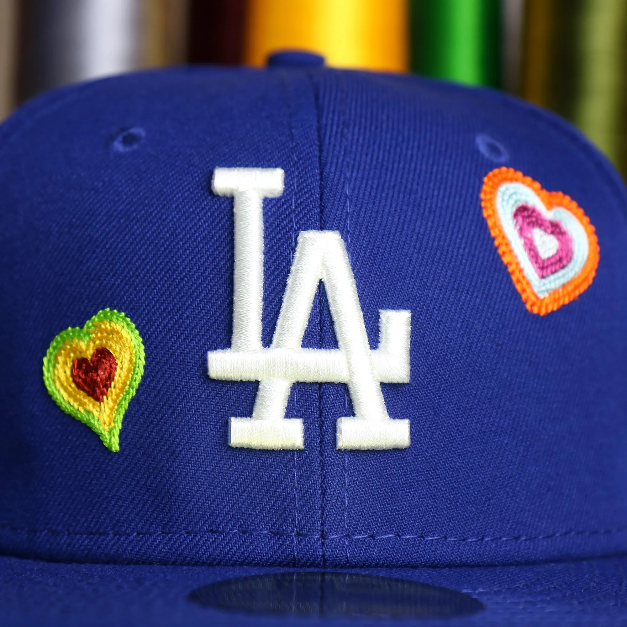 Los Angeles Dodgers All Over Embroidered Chain Stitch Heart Pink Bottom 59Fifty Fitted Cap | Royal Blue 59Fifty Cap