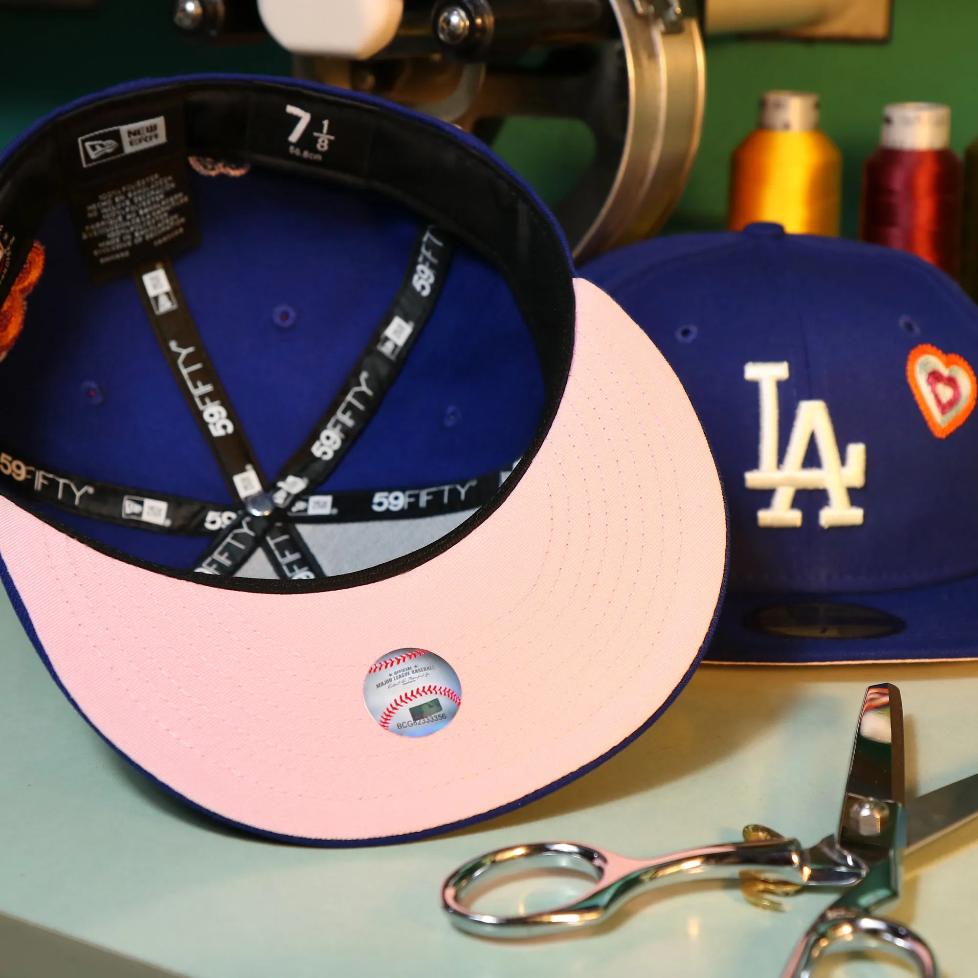 Los Angeles Dodgers All Over Embroidered Chain Stitch Heart Pink Bottom 59Fifty Fitted Cap | Royal Blue 59Fifty Cap