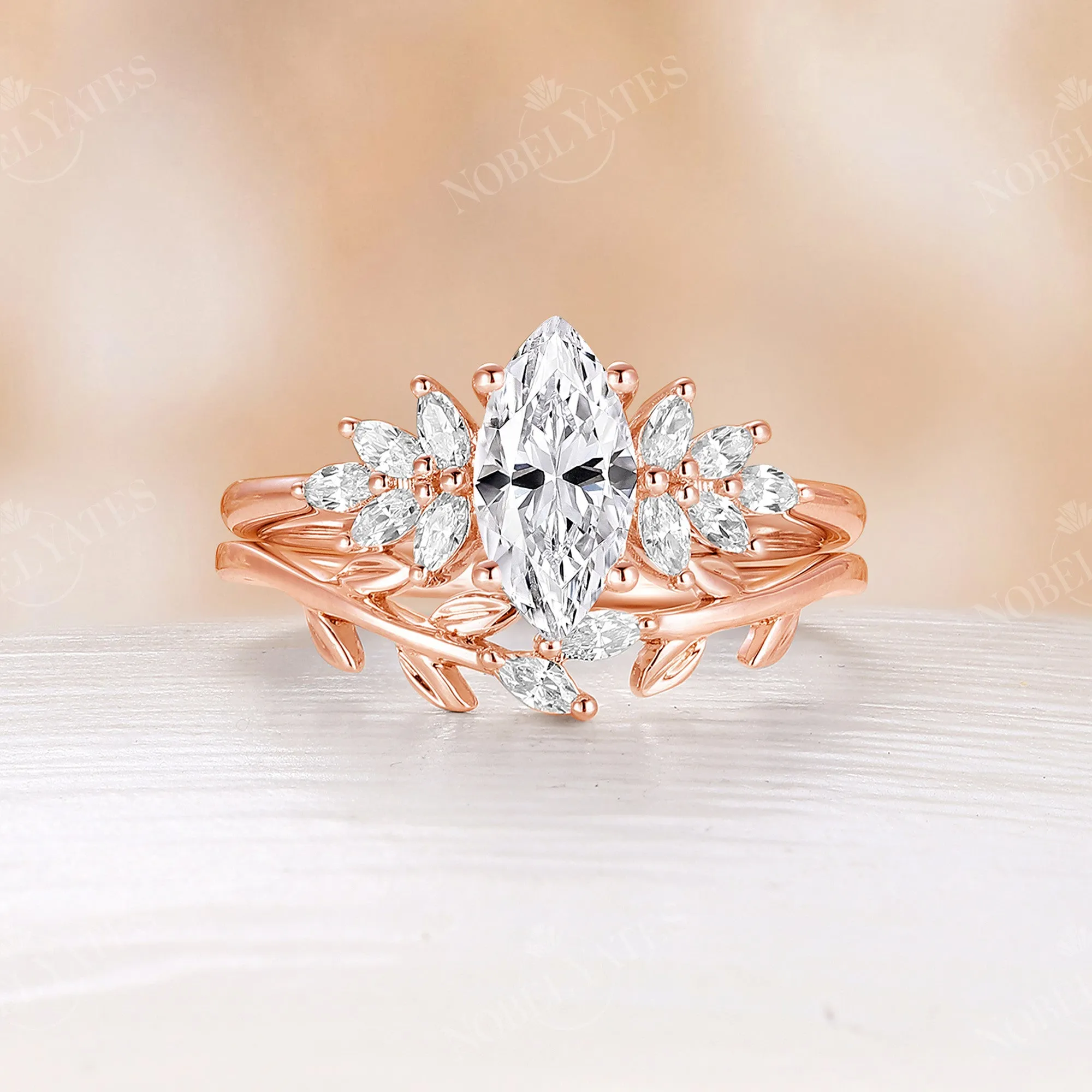 Marquise Shape Moissanite Leaf Bridal Set Side Stone Cluster Ring