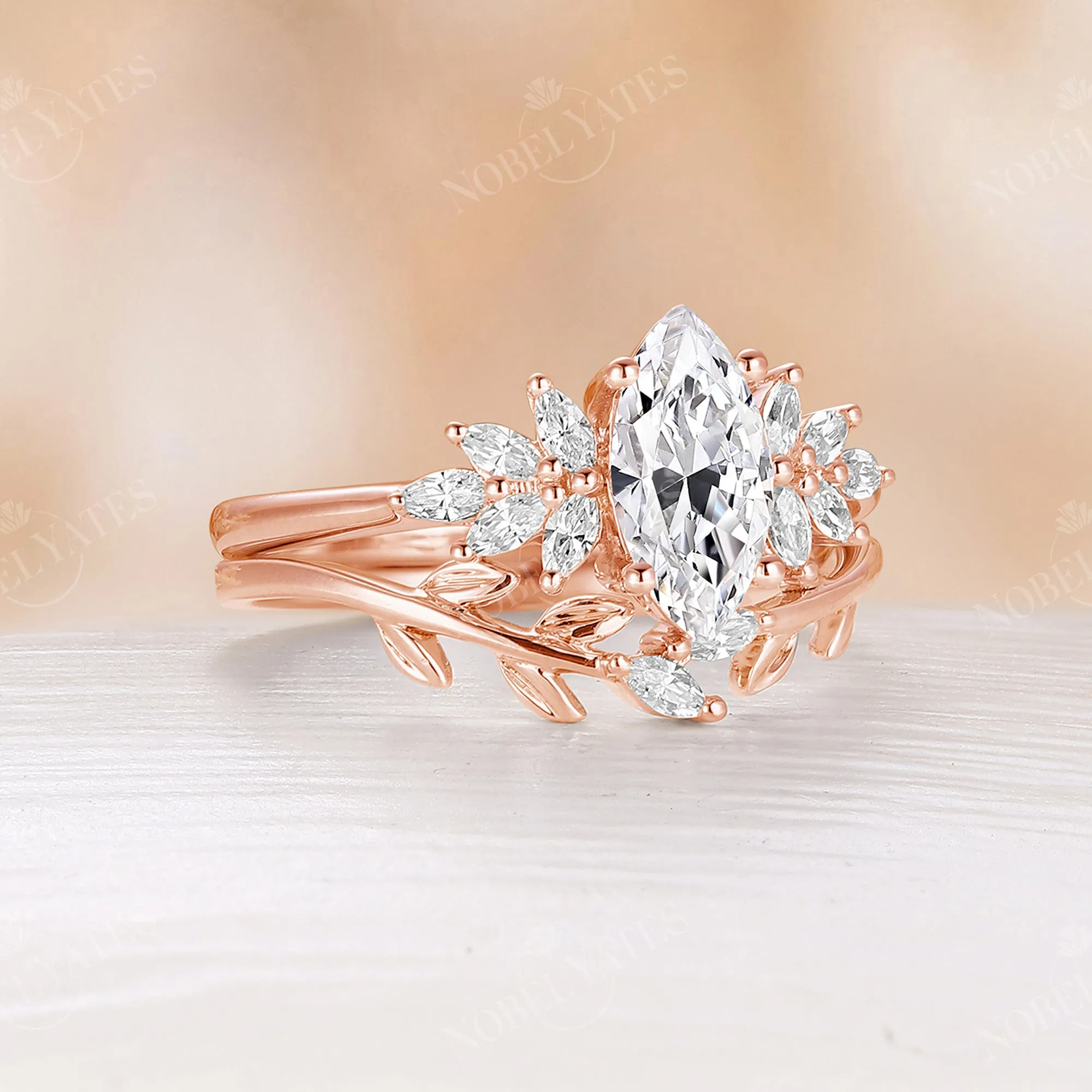 Marquise Shape Moissanite Leaf Bridal Set Side Stone Cluster Ring