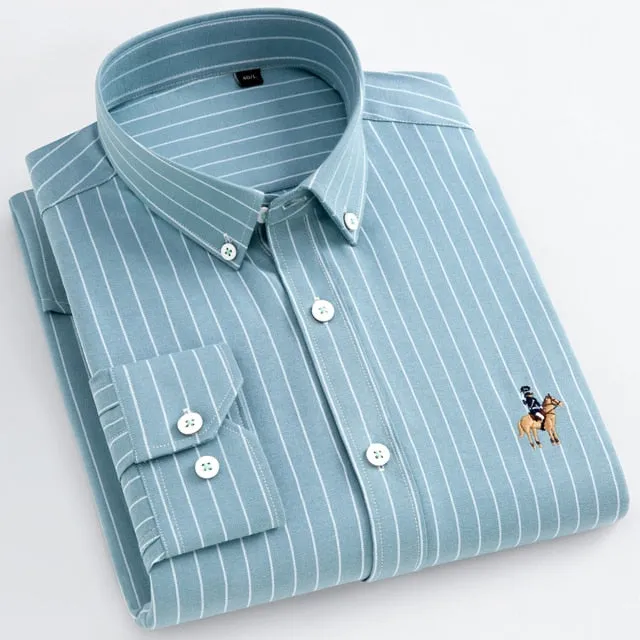 Men's Long Sleeve Casual Contrast Striped Oxford Shirt with Embroidered Logo