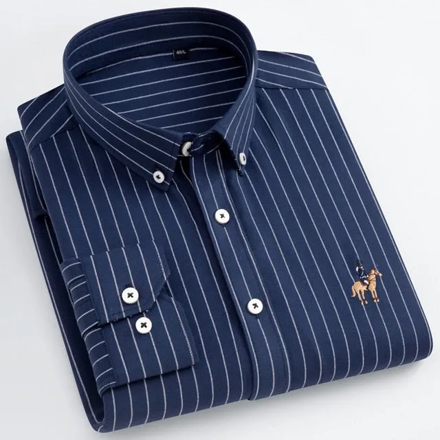 Men's Long Sleeve Casual Contrast Striped Oxford Shirt with Embroidered Logo