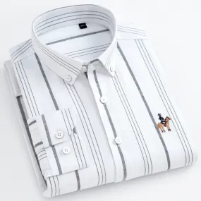 Men's Long Sleeve Casual Contrast Striped Oxford Shirt with Embroidered Logo