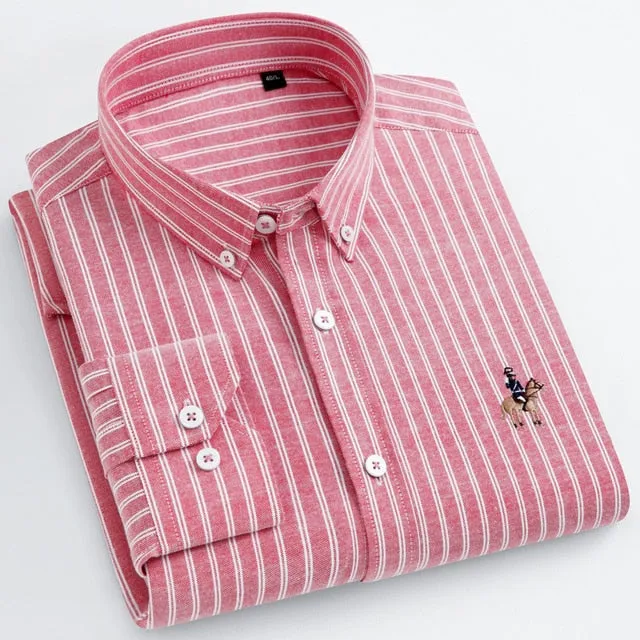 Men's Long Sleeve Casual Contrast Striped Oxford Shirt with Embroidered Logo