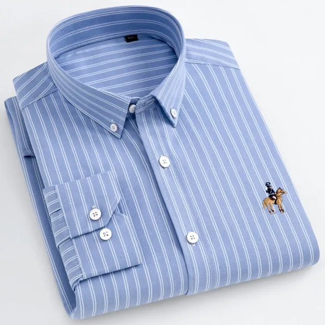 Men's Long Sleeve Casual Contrast Striped Oxford Shirt with Embroidered Logo