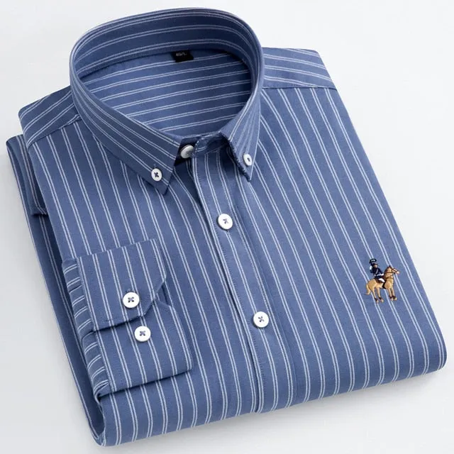 Men's Long Sleeve Casual Contrast Striped Oxford Shirt with Embroidered Logo