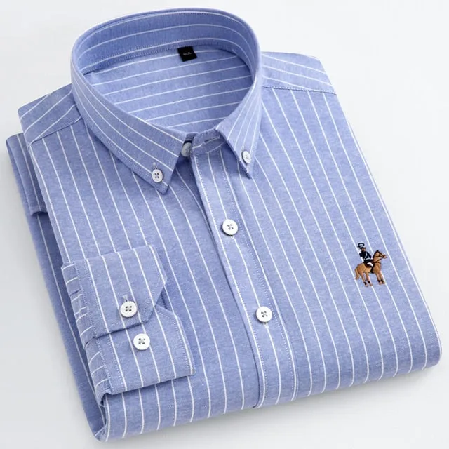 Men's Long Sleeve Casual Contrast Striped Oxford Shirt with Embroidered Logo