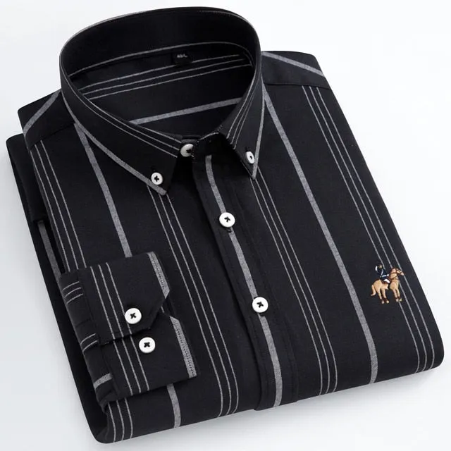 Men's Long Sleeve Casual Contrast Striped Oxford Shirt with Embroidered Logo