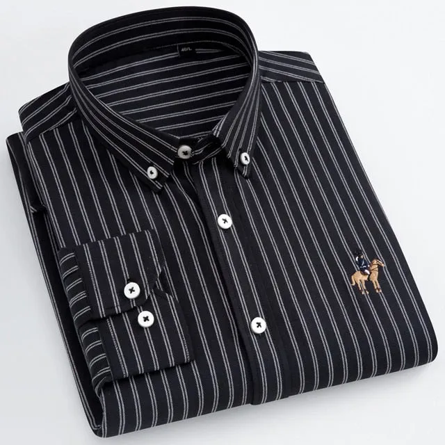 Men's Long Sleeve Casual Contrast Striped Oxford Shirt with Embroidered Logo