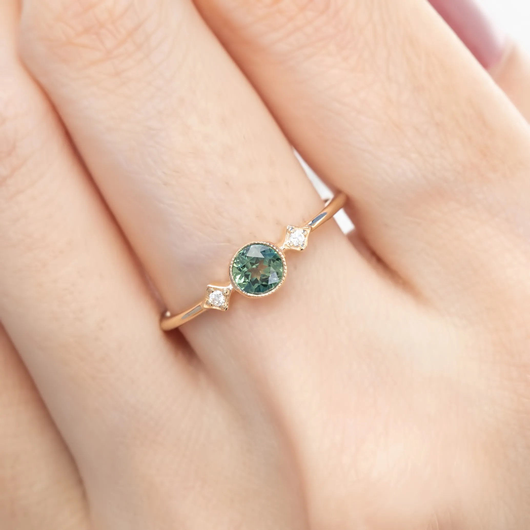 Moon & Star Ring 4.5mm 0.45ct Green Queensland Sapphire 14K Yellow Gold