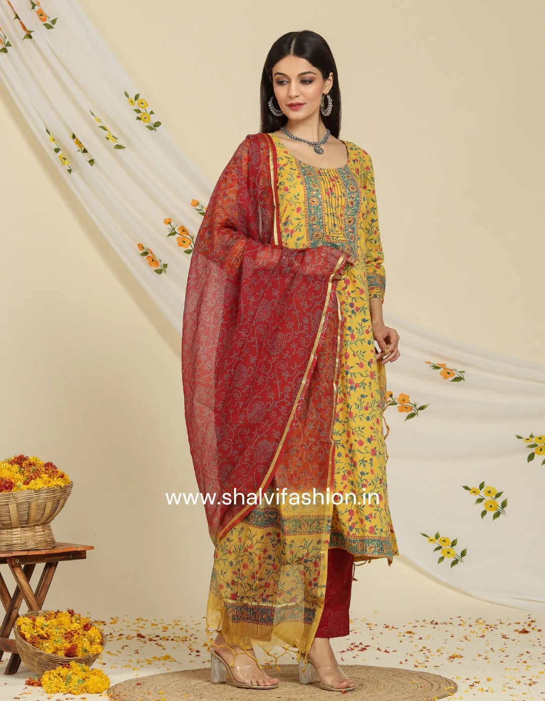 Noor Hand Block Print Cotton Suit Set with Kota Doria Dupatta (CSS85KD)