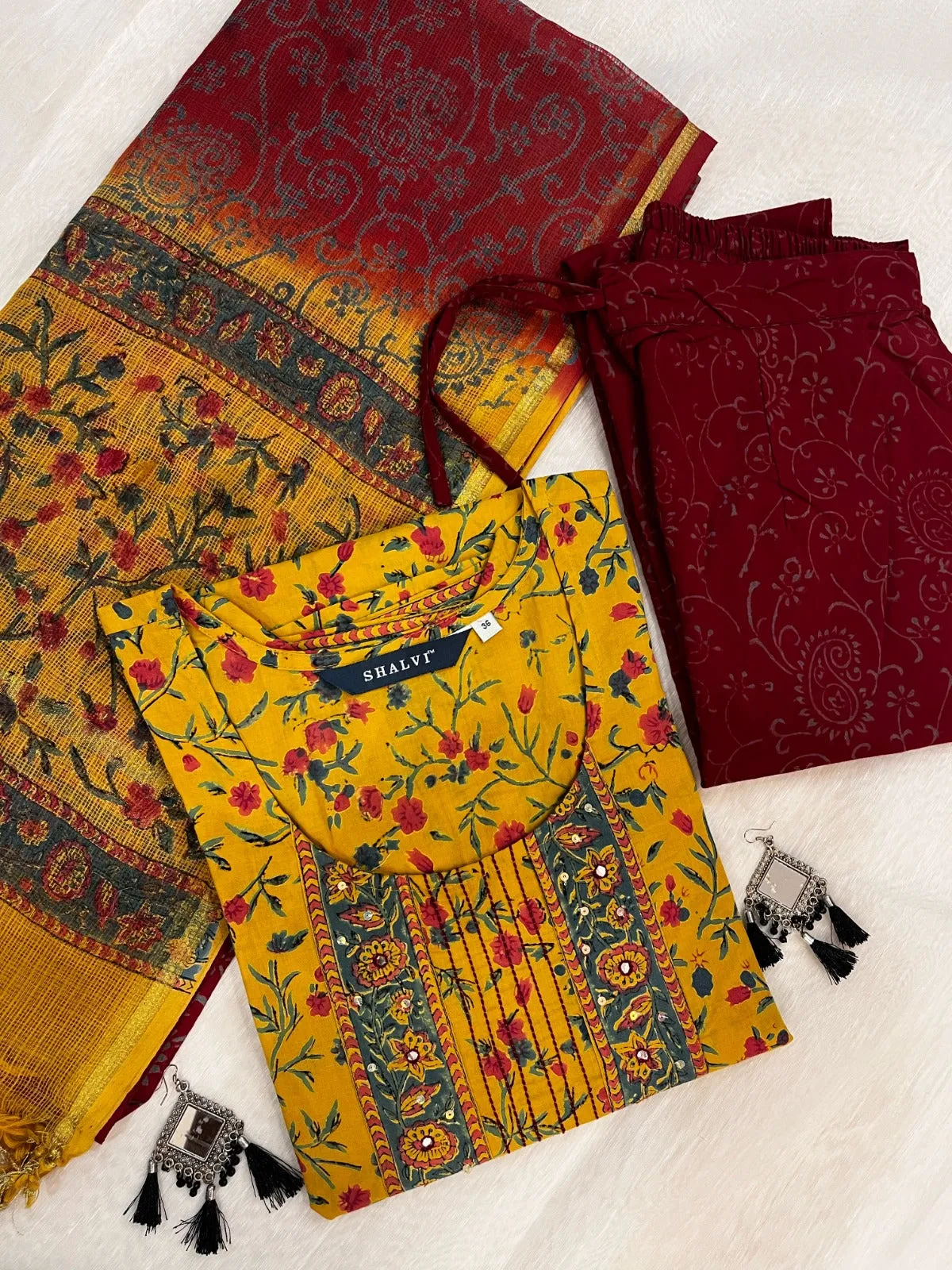 Noor Hand Block Print Cotton Suit Set with Kota Doria Dupatta (CSS85KD)