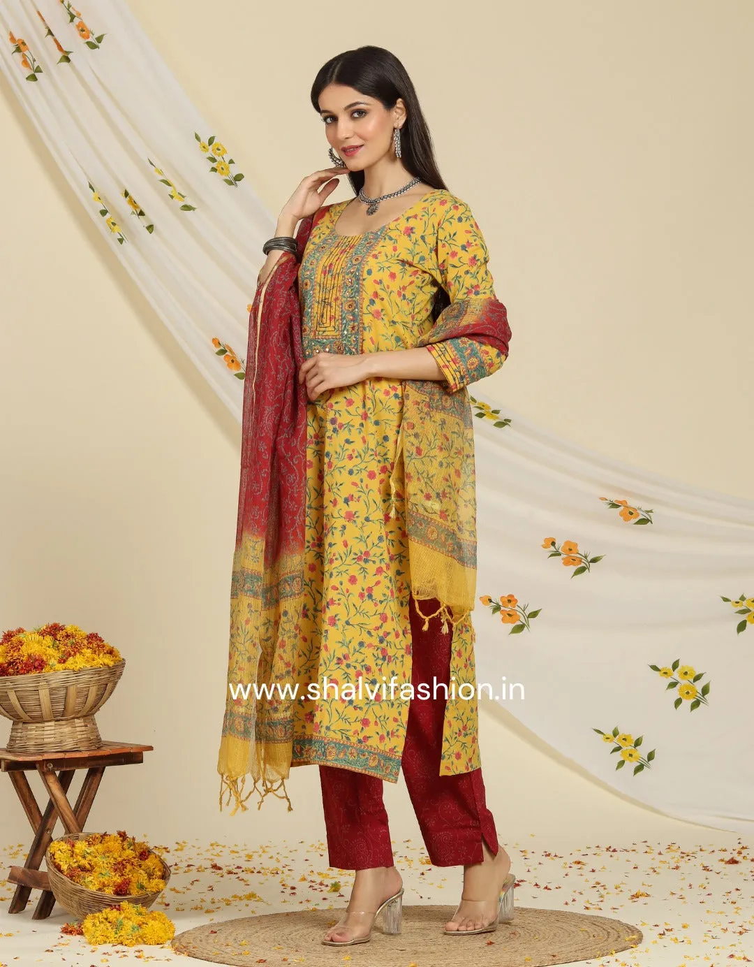 Noor Hand Block Print Cotton Suit Set with Kota Doria Dupatta (CSS85KD)