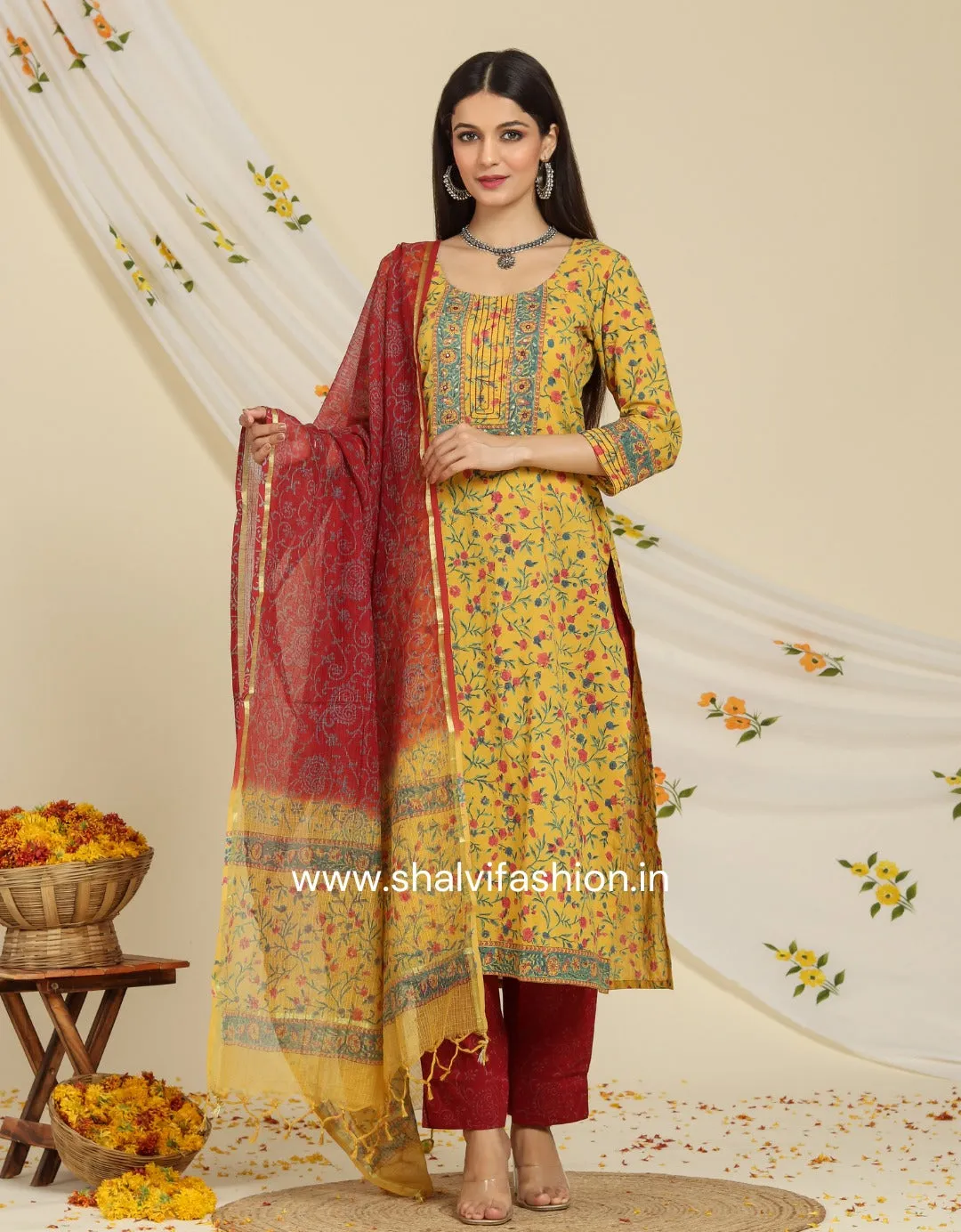 Noor Hand Block Print Cotton Suit Set with Kota Doria Dupatta (CSS85KD)