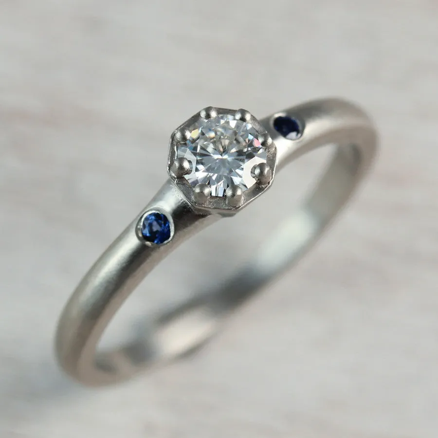 Octagon Engagement Ring with Chatham Blue Sapphire Side Stones