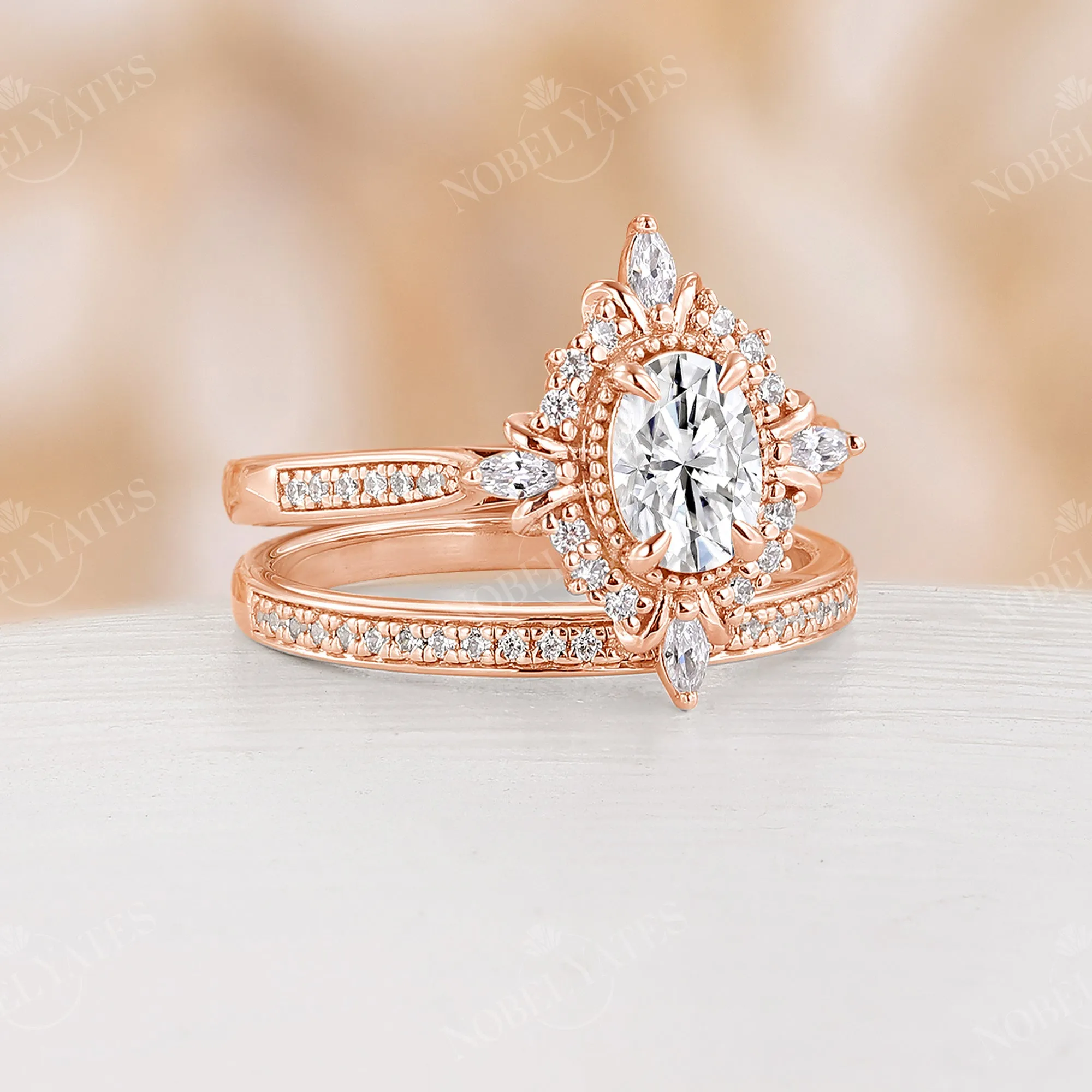 Oval Moissanite Milgrain & Pave Engagement Ring Set Rose Gold