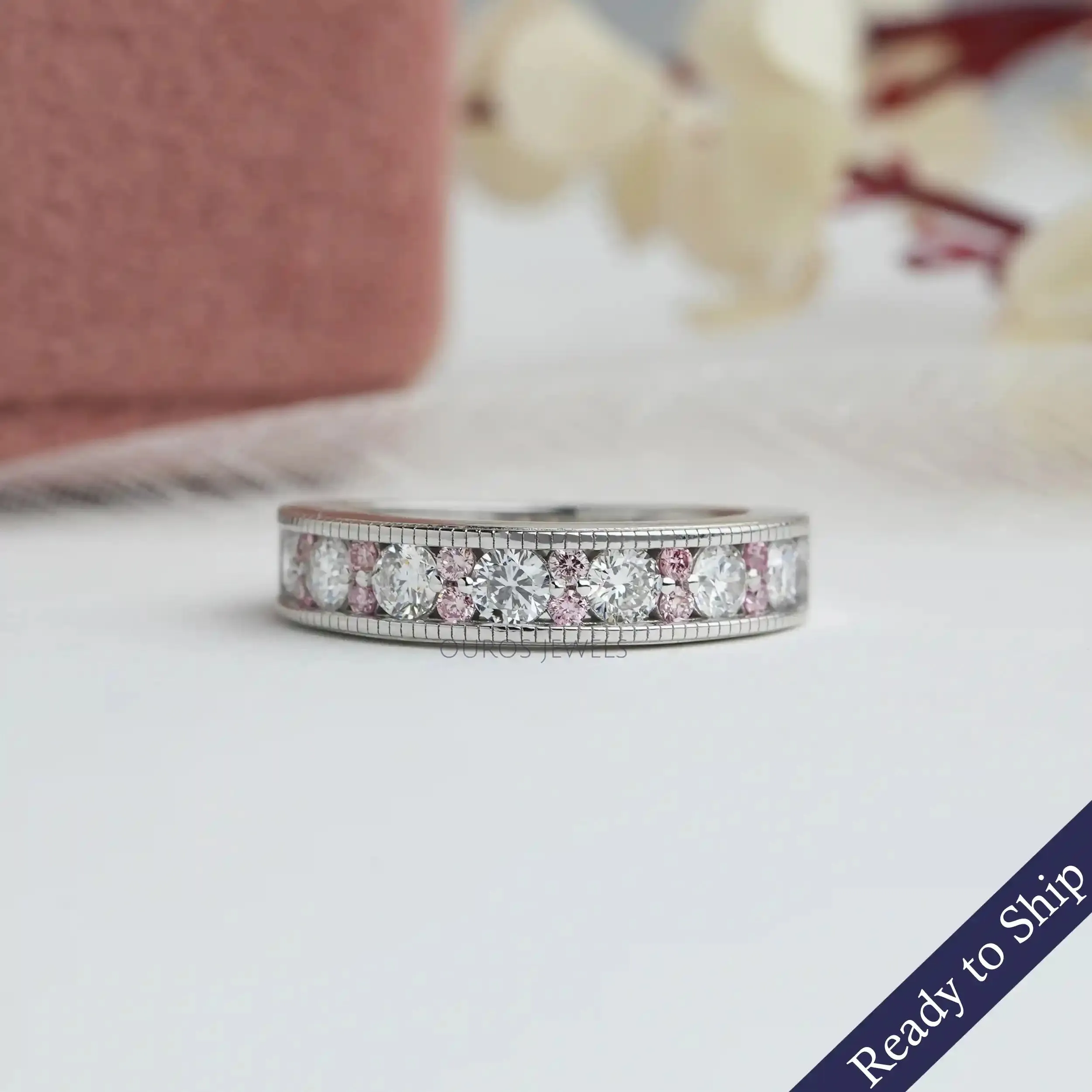 Pink & White Cut Milgrain Round Diamond Wedding Band