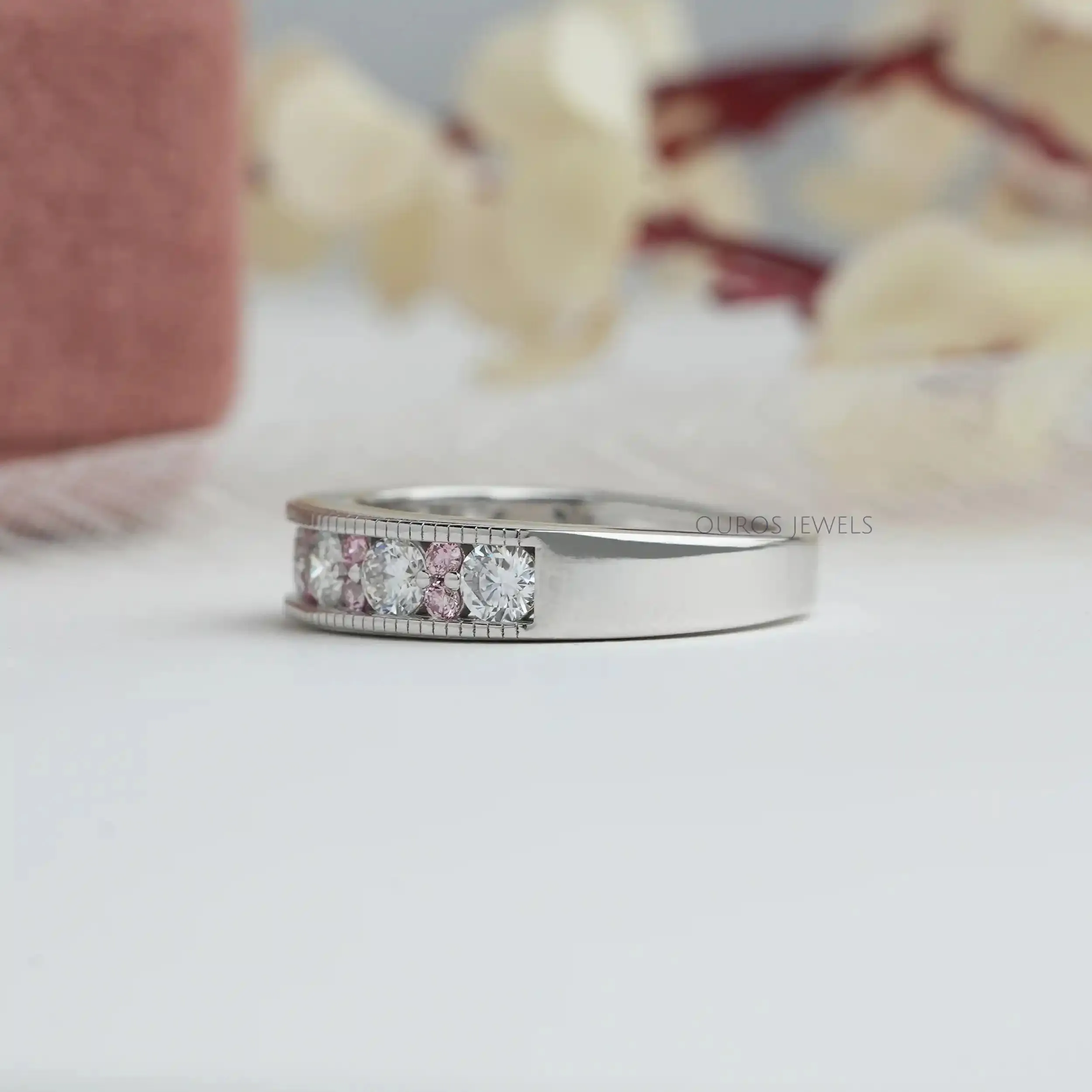 Pink & White Cut Milgrain Round Diamond Wedding Band