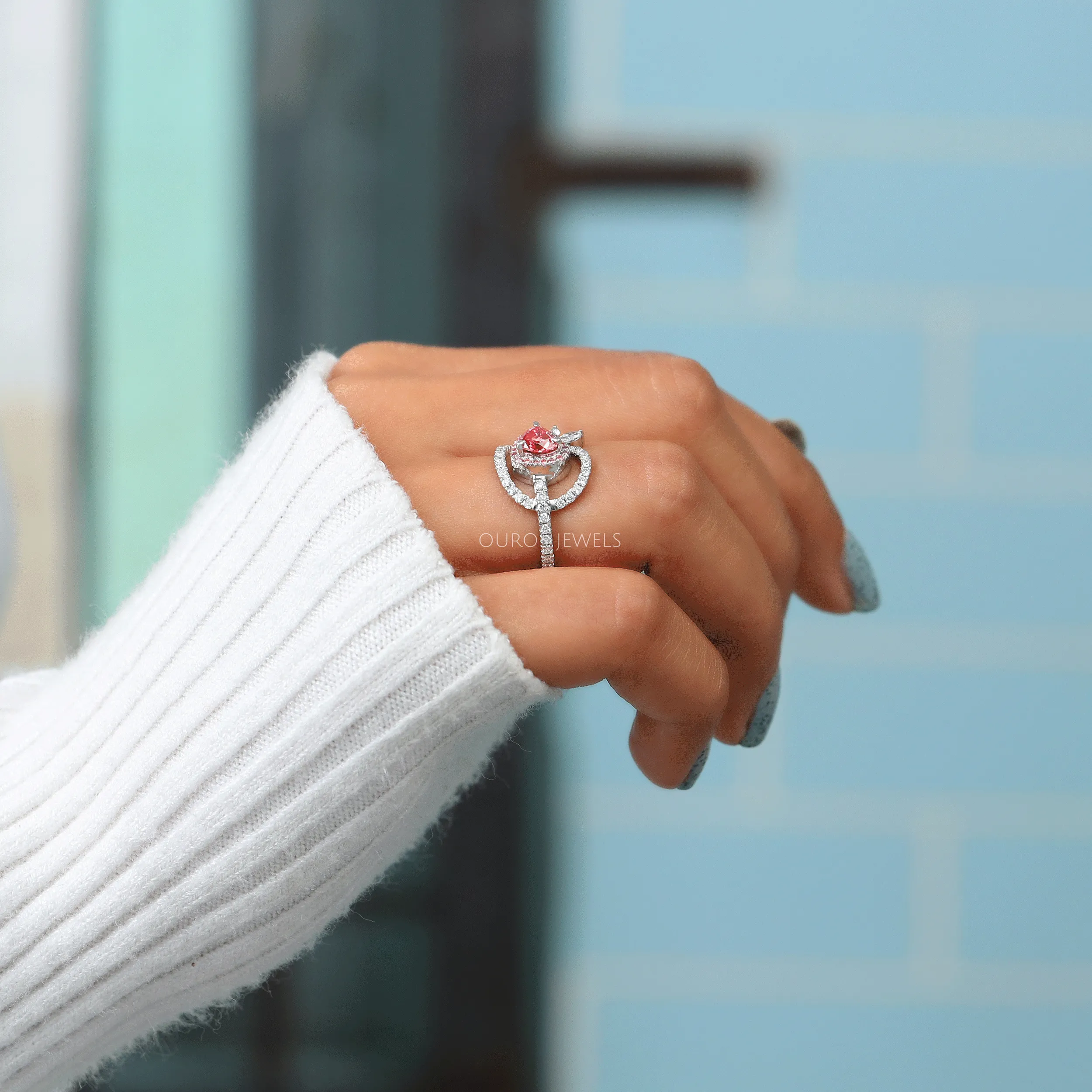 Pink Heart Cut Halo Anniversary Ring