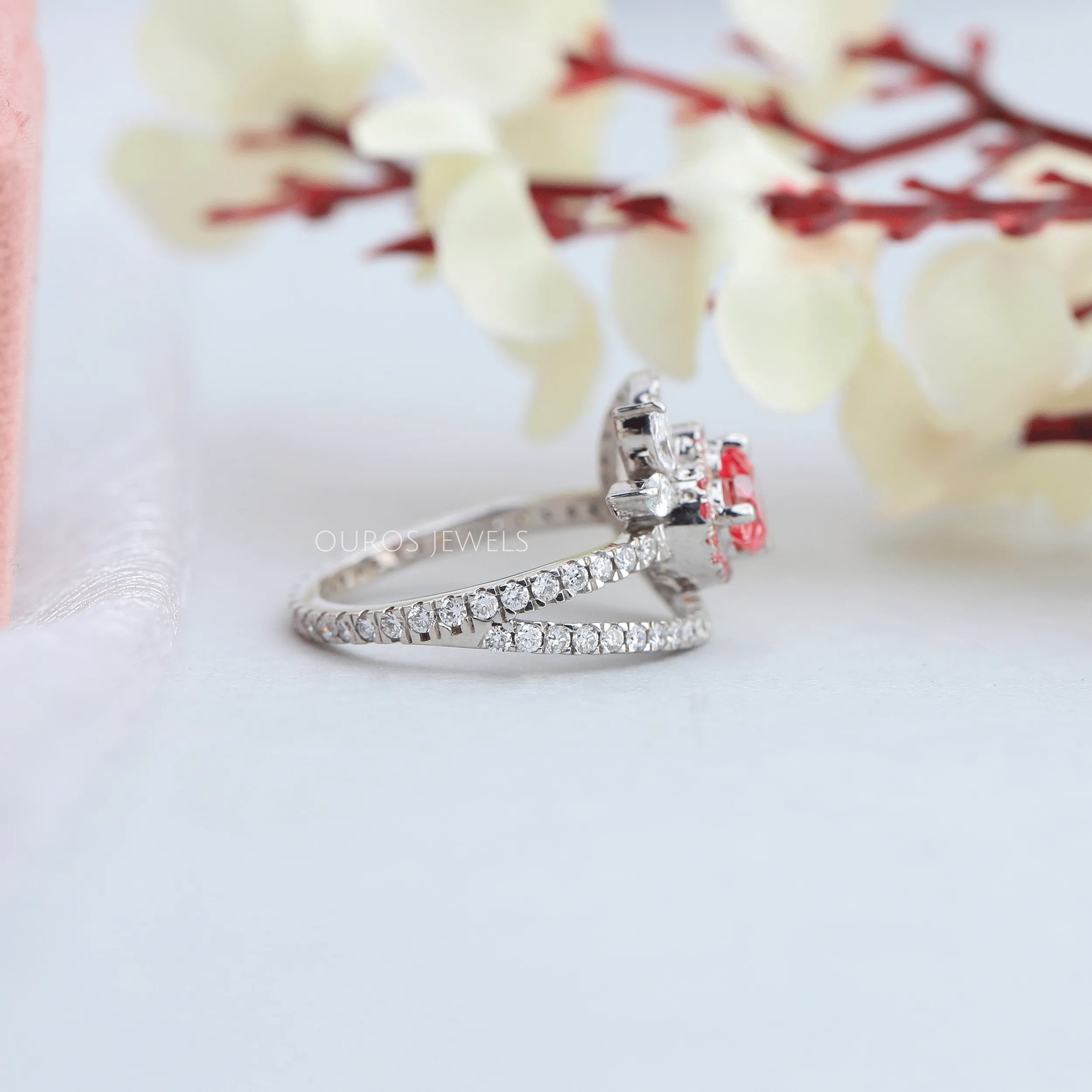 Pink Heart Cut Halo Anniversary Ring