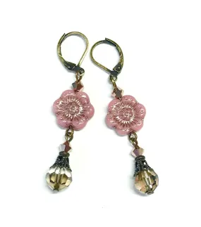 Pink Wild Rose Earrings - Crystal Dangle - Leverbacks