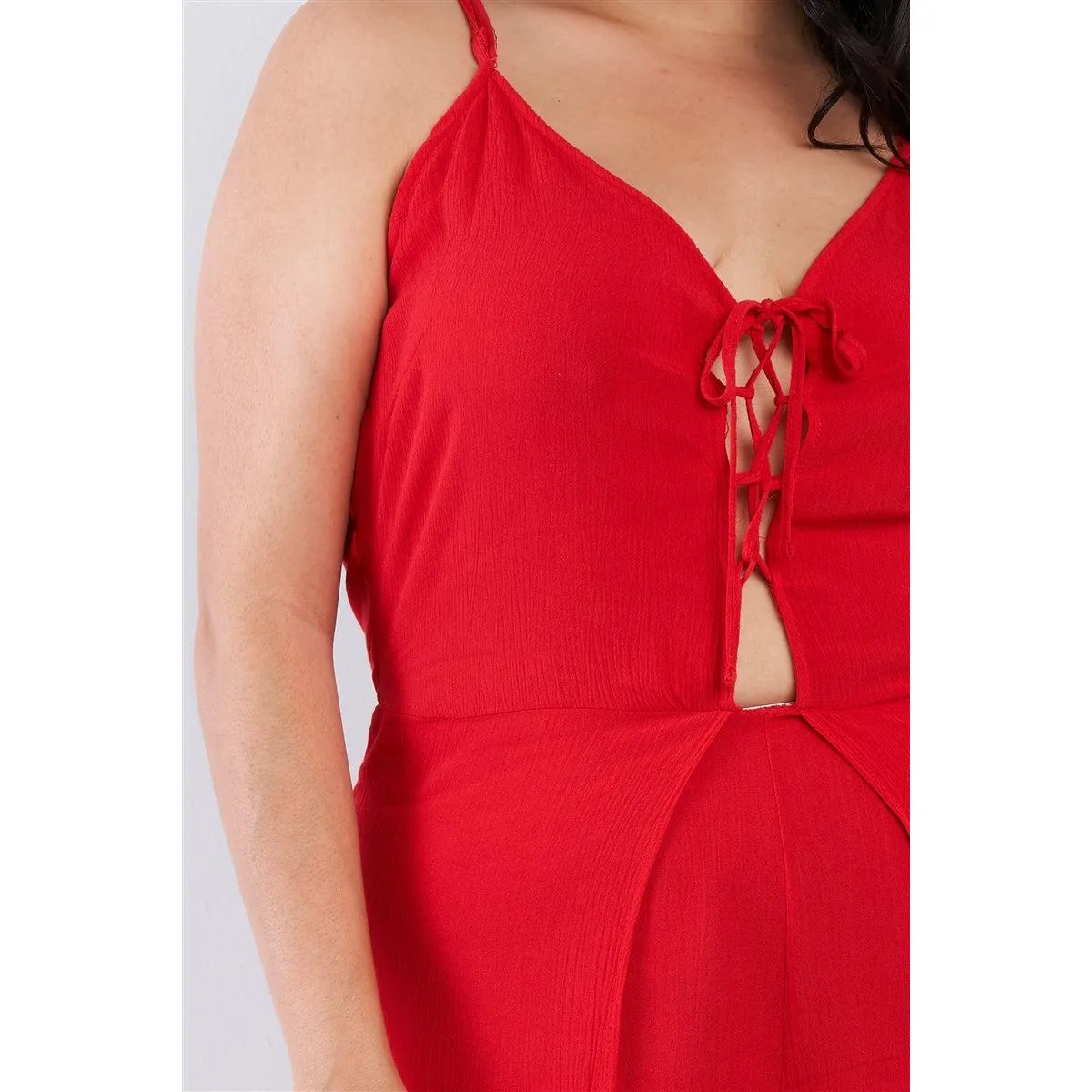 Plus size sleeveless front lace up red maxi romper dress