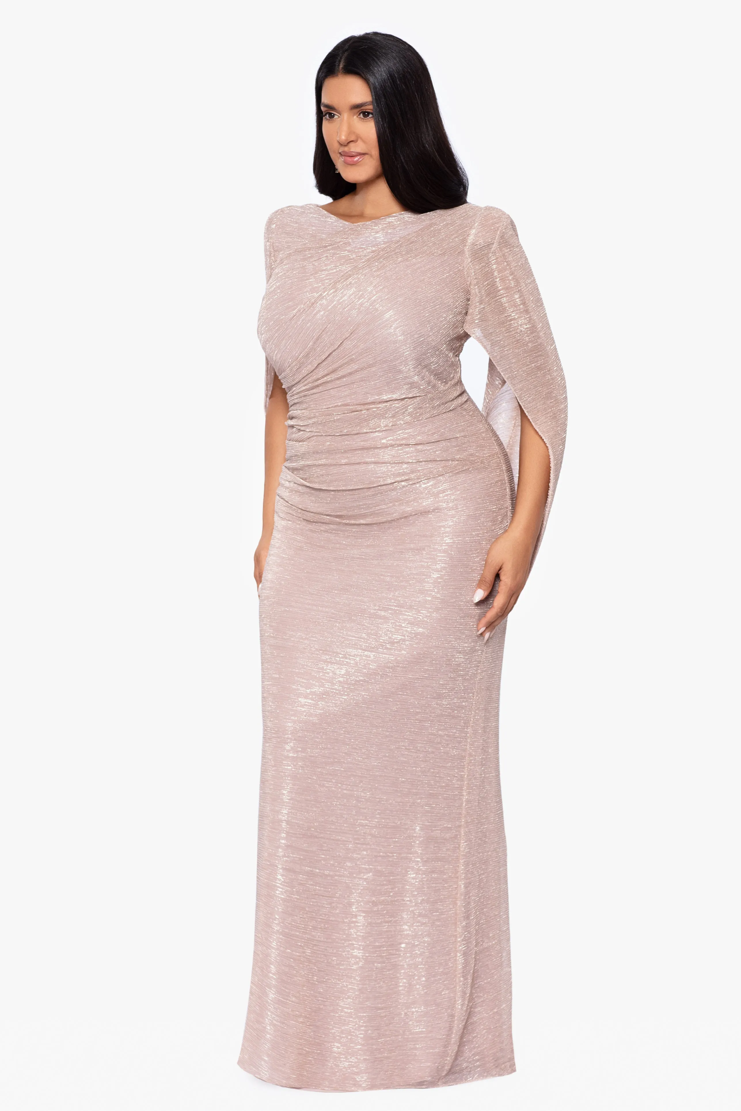 Plus Tamsin Long Metallic Knit Long Sleeve Drape Dress