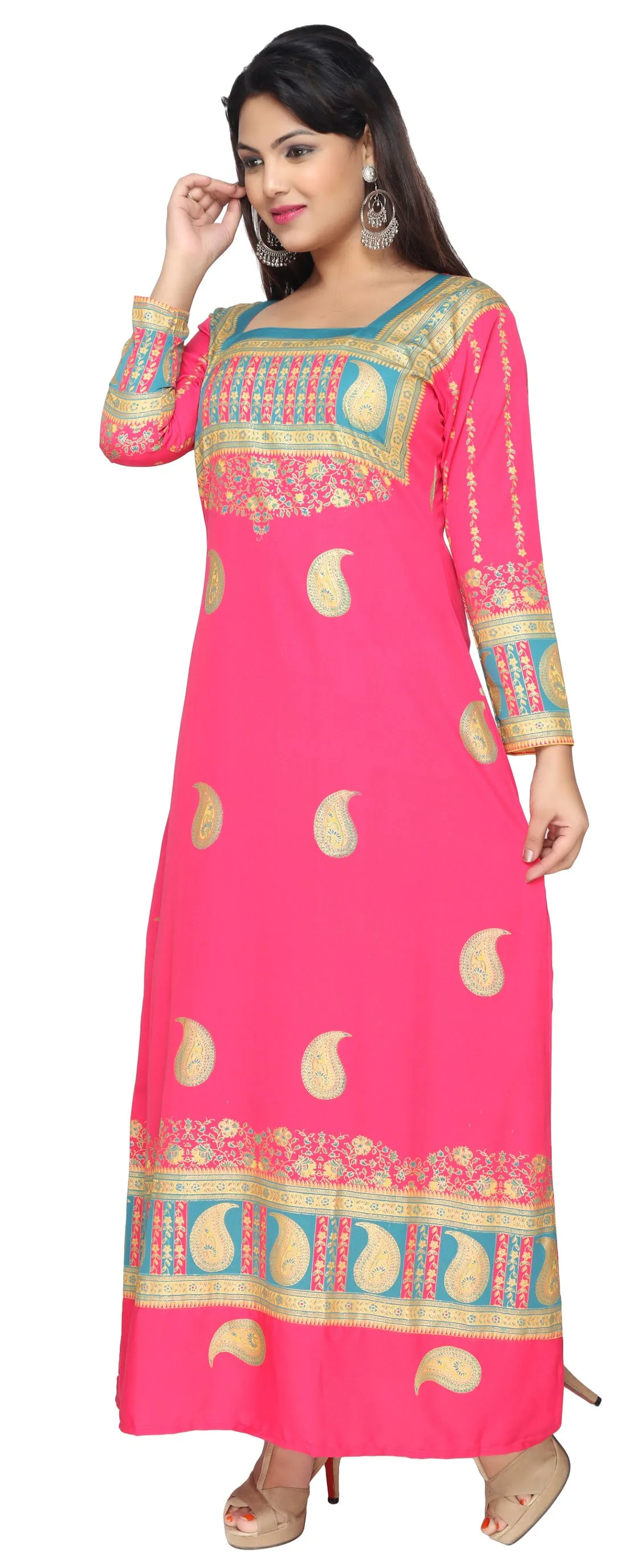 Printed Long Sleeve Women's Caftan Long Evening Dress (Pink)