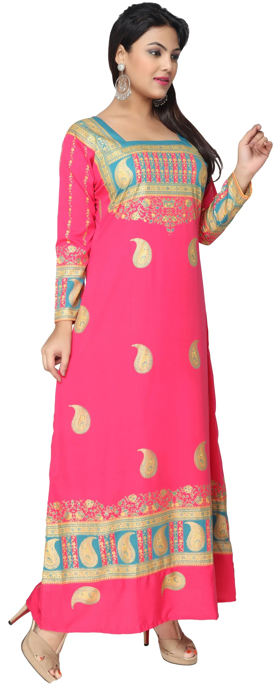 Printed Long Sleeve Women's Caftan Long Evening Dress (Pink)