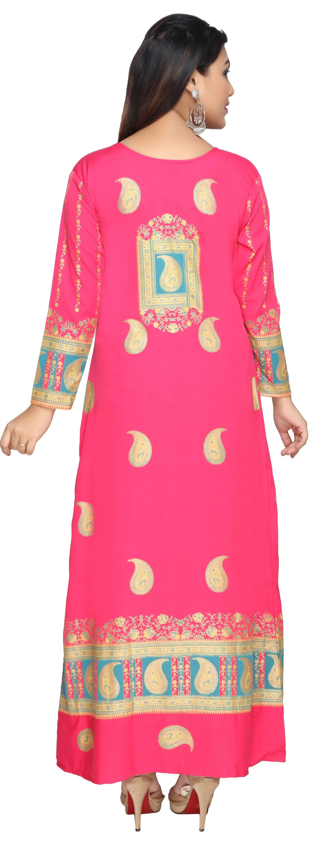 Printed Long Sleeve Women's Caftan Long Evening Dress (Pink)