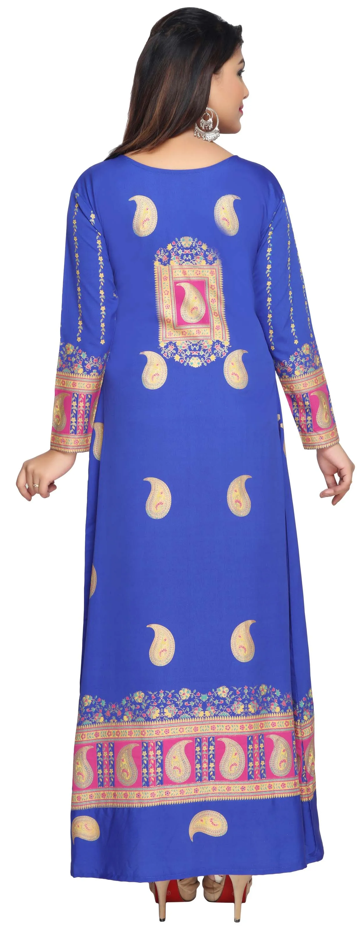 Printed Women's Caftan Long Evening Dress Long Sleeve (Blue)