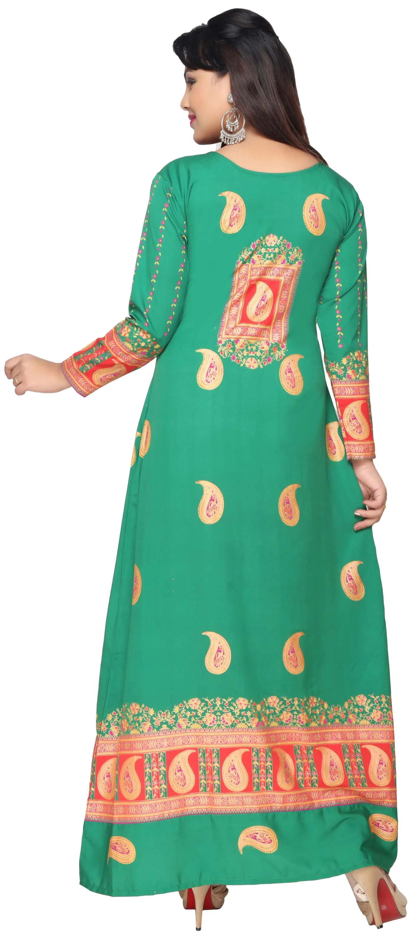 Printed Women's Caftan Long Evening Dress Long Sleeve (Green)