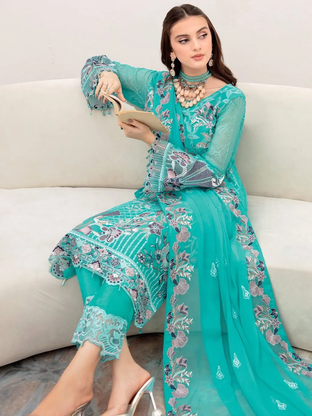 Ramsha Chevron Vol-07 Embroidered Chiffon Unstitched 3Pc Suit A-708