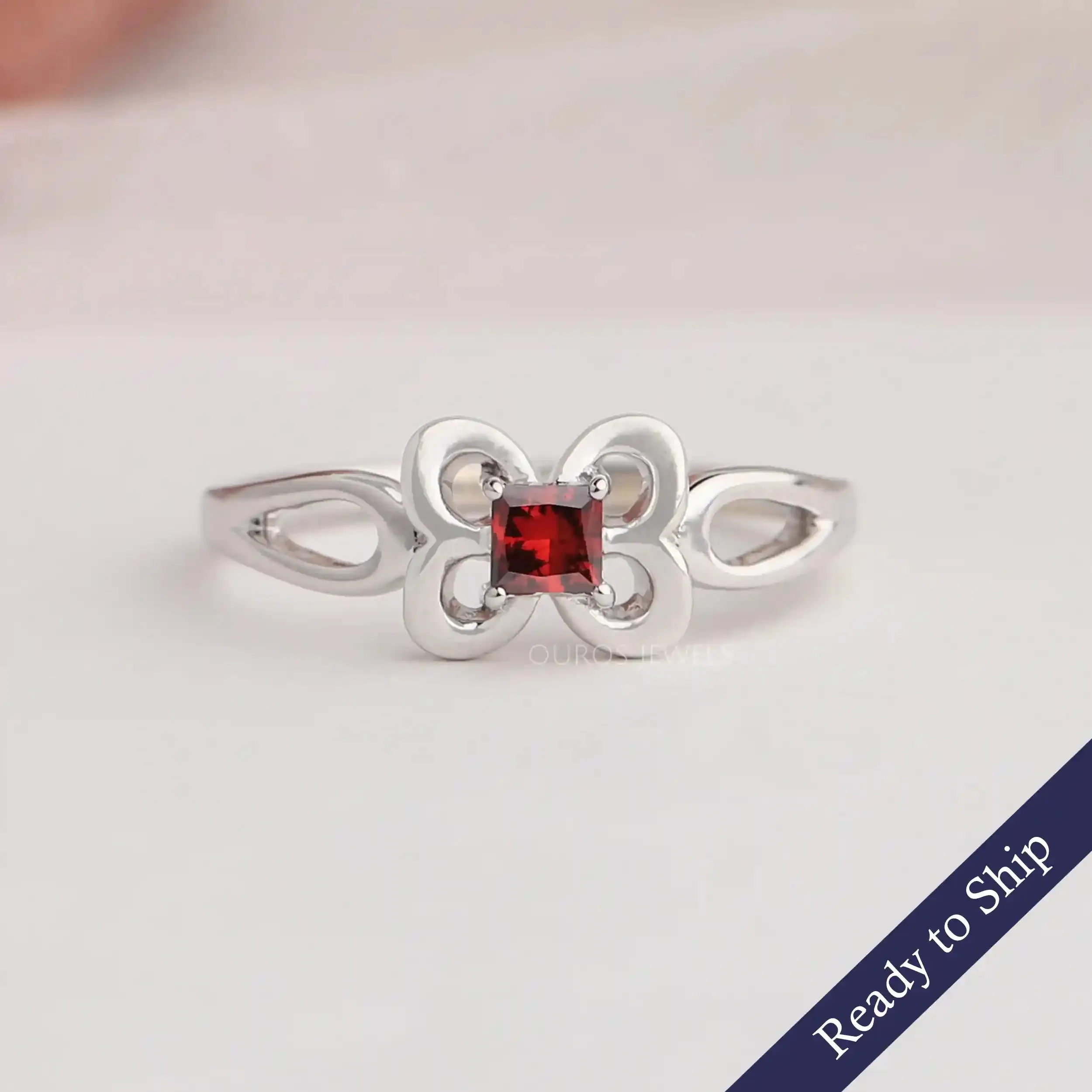 Red Princess Cut Butterfly Shape Dainty Ring