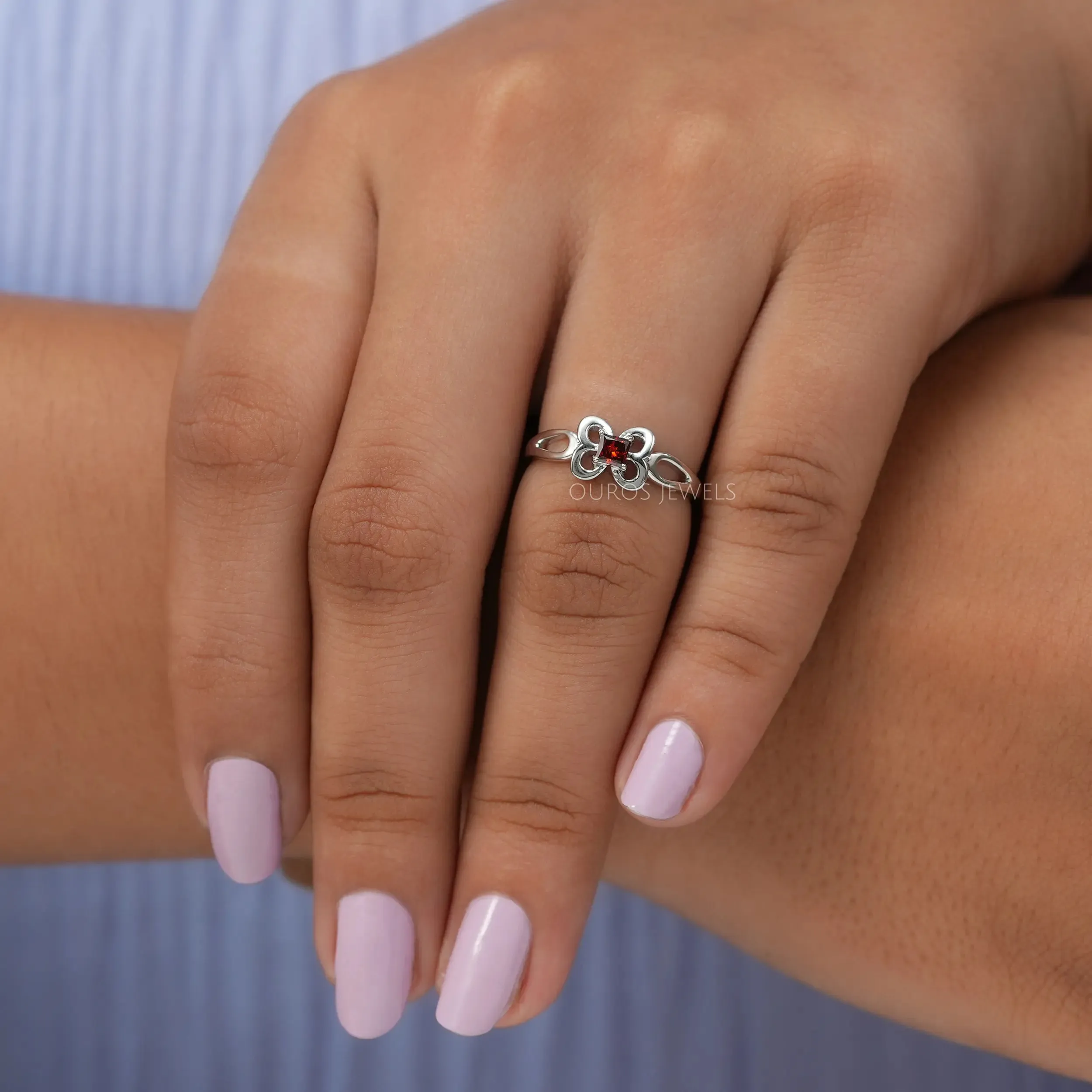 Red Princess Cut Butterfly Shape Dainty Ring