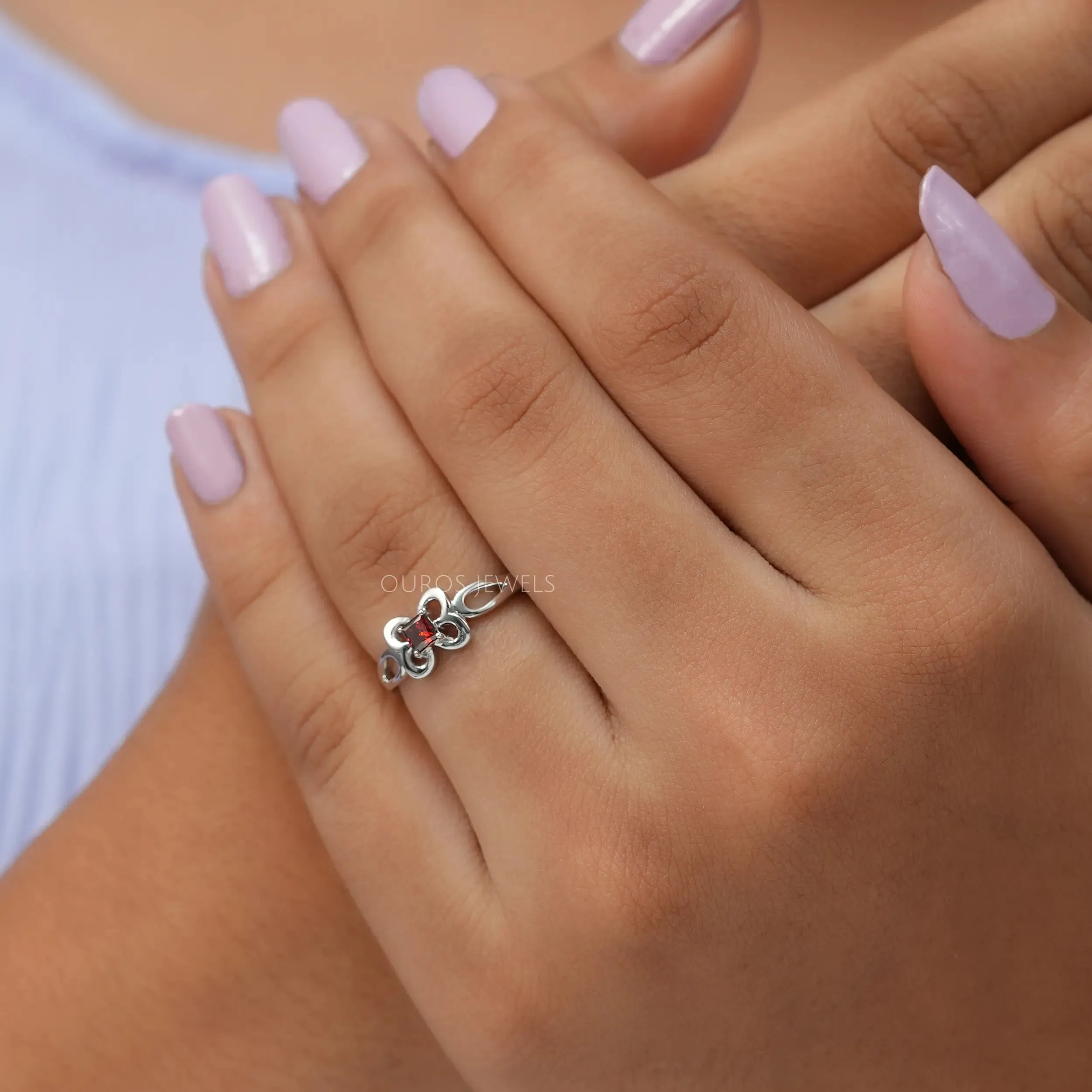 Red Princess Cut Butterfly Shape Dainty Ring