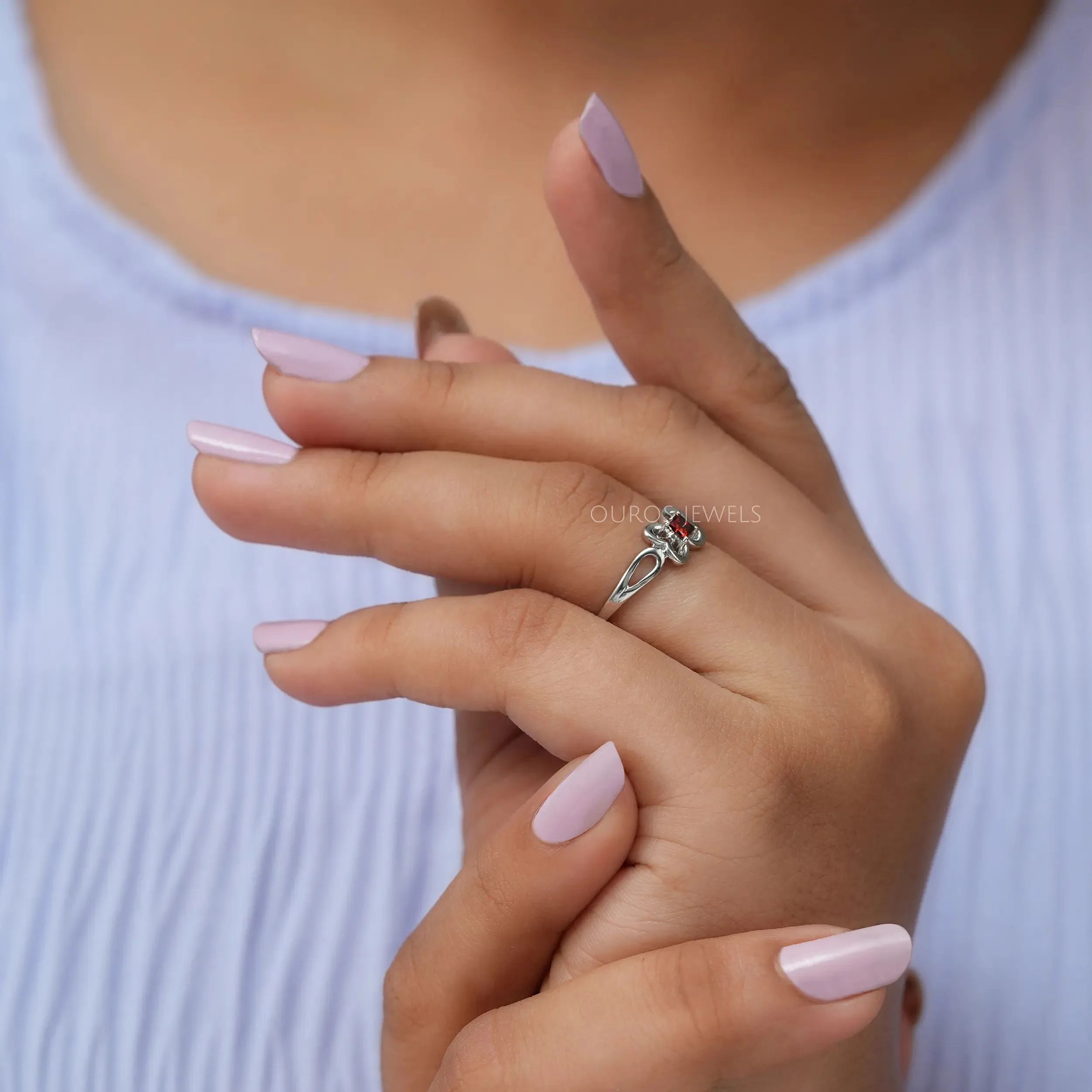 Red Princess Cut Butterfly Shape Dainty Ring