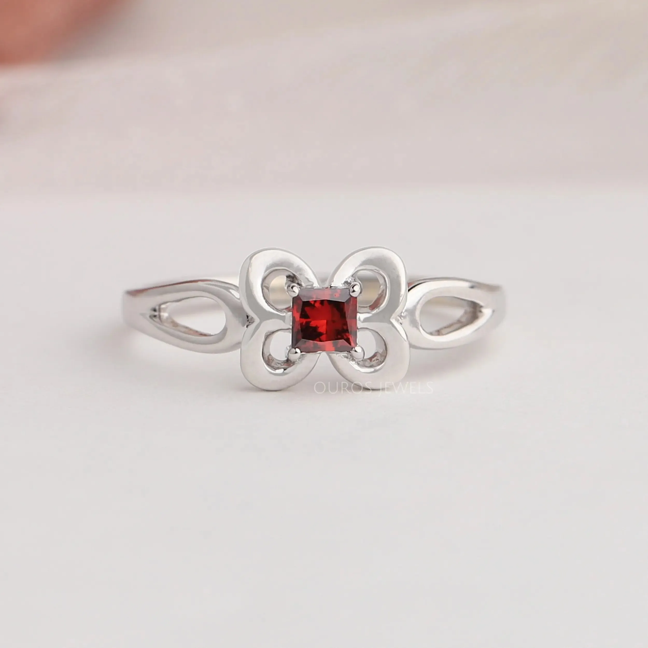 Red Princess Cut Butterfly Shape Dainty Ring